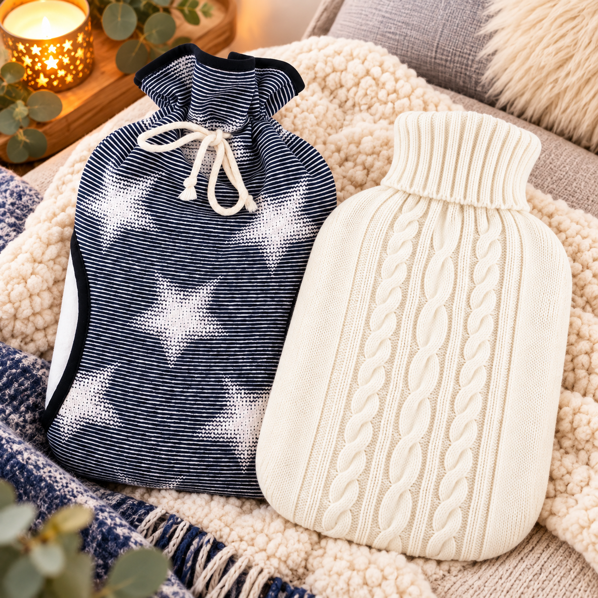 2-Pack Value Bundle – Muff Stars &amp; Knit White Hot Water Bottle Covers