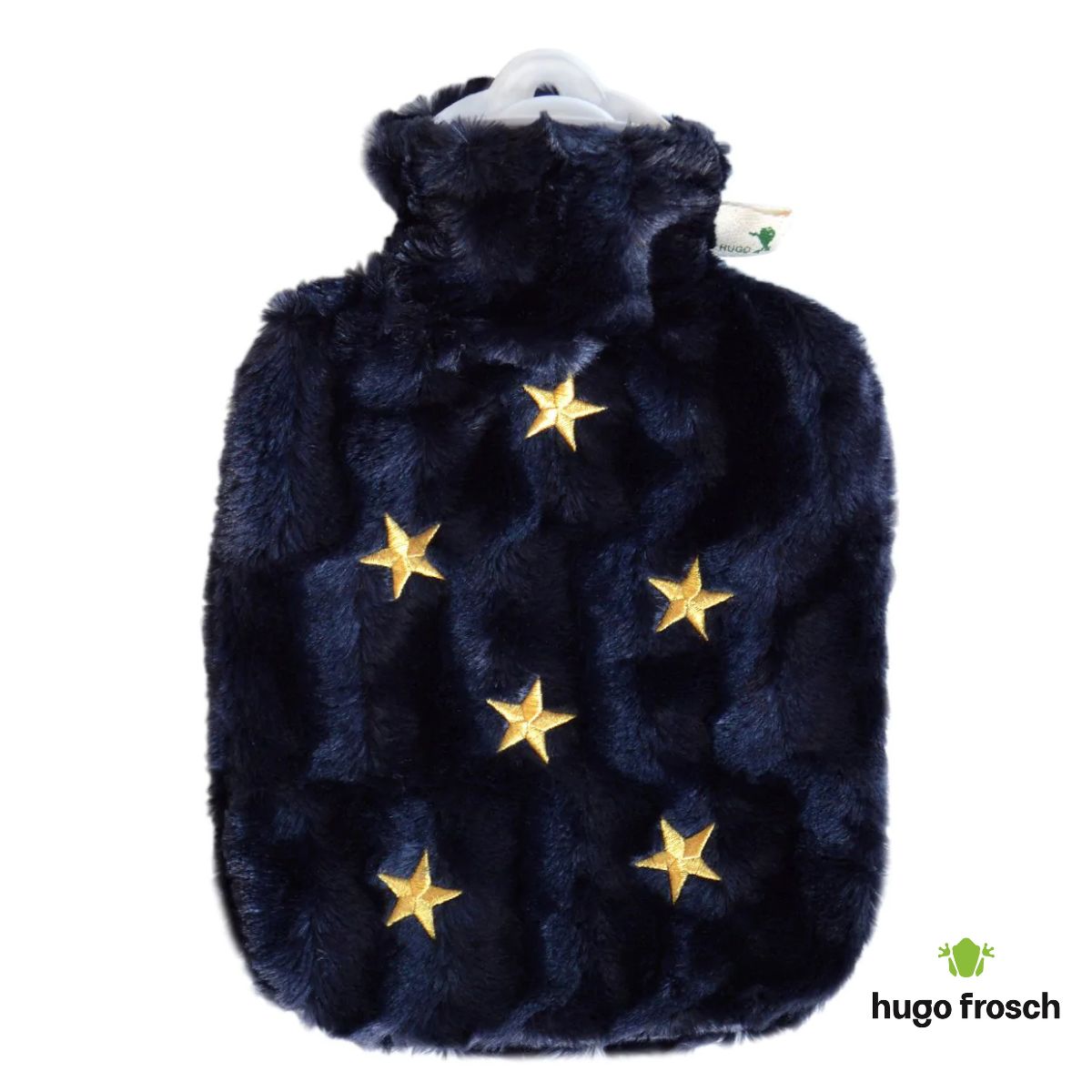 Hot Water Bottle Classic with Cover, Faux Fur - Dark Blue Stars