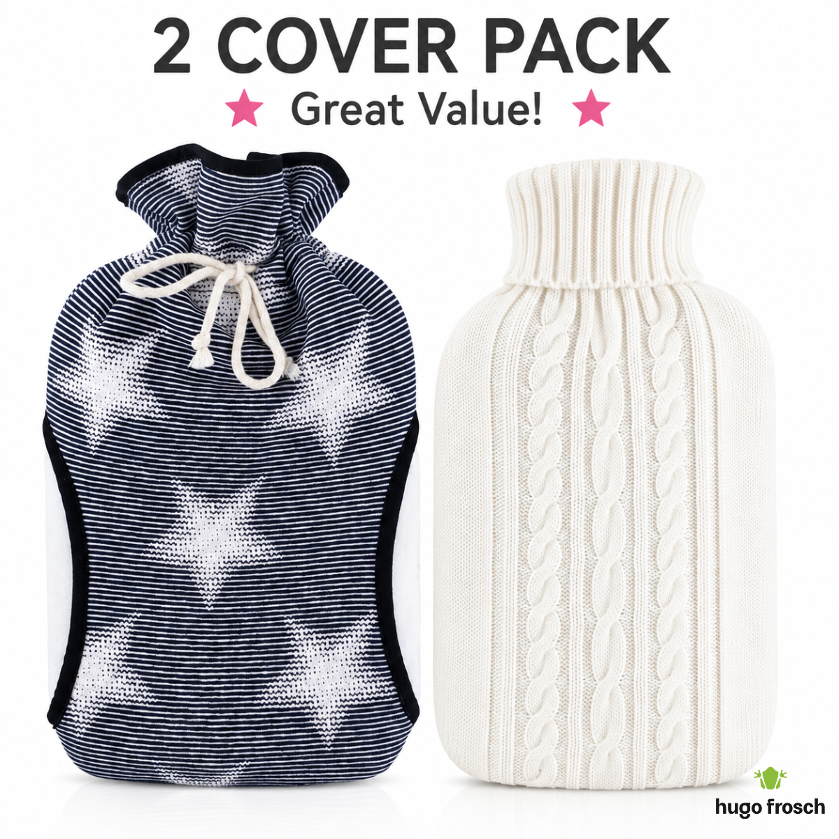 2-Pack Value Bundle – Muff Stars &amp; Knit White Hot Water Bottle Covers