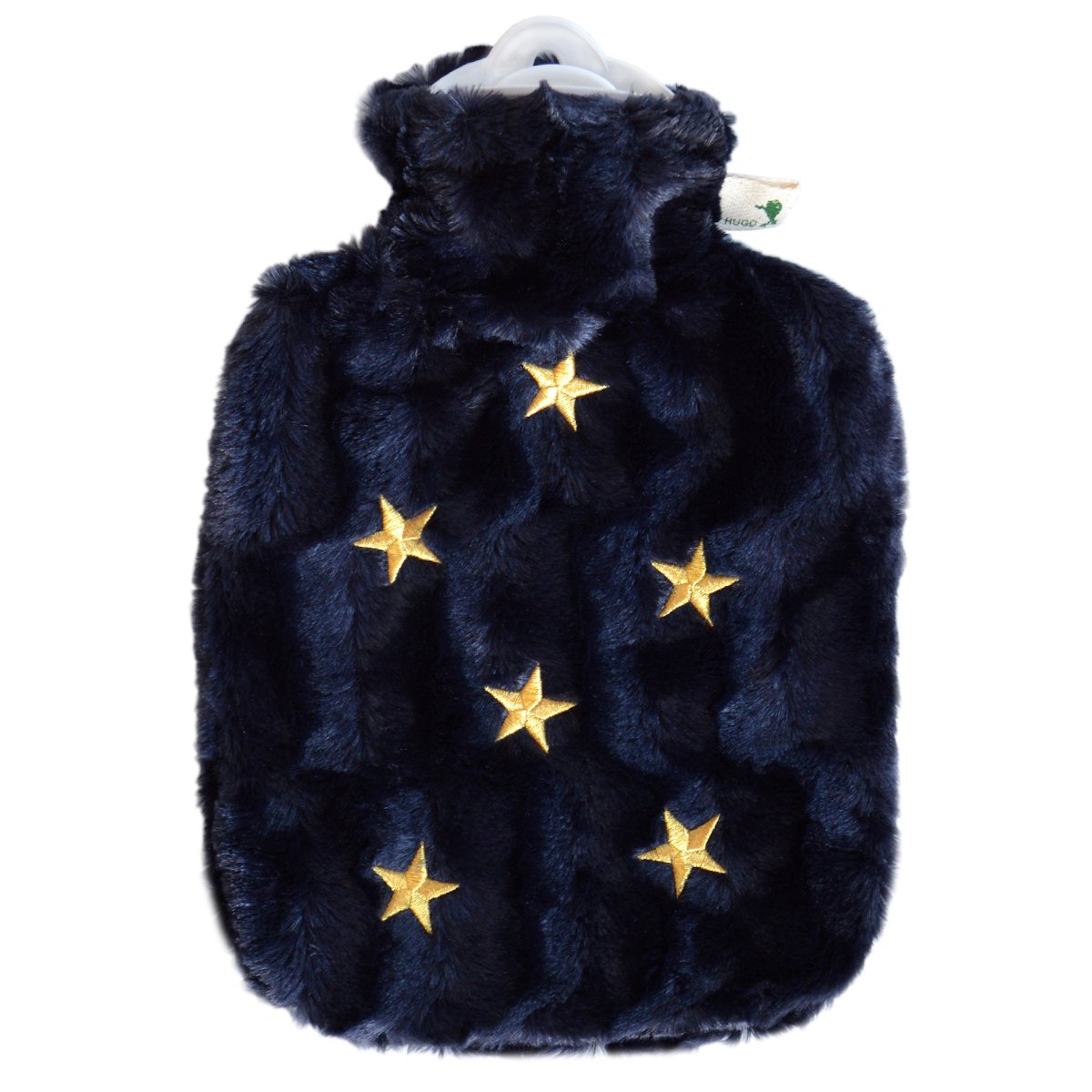 Hot Water Bottle Classic with Cover, Faux Fur - Dark Blue Stars